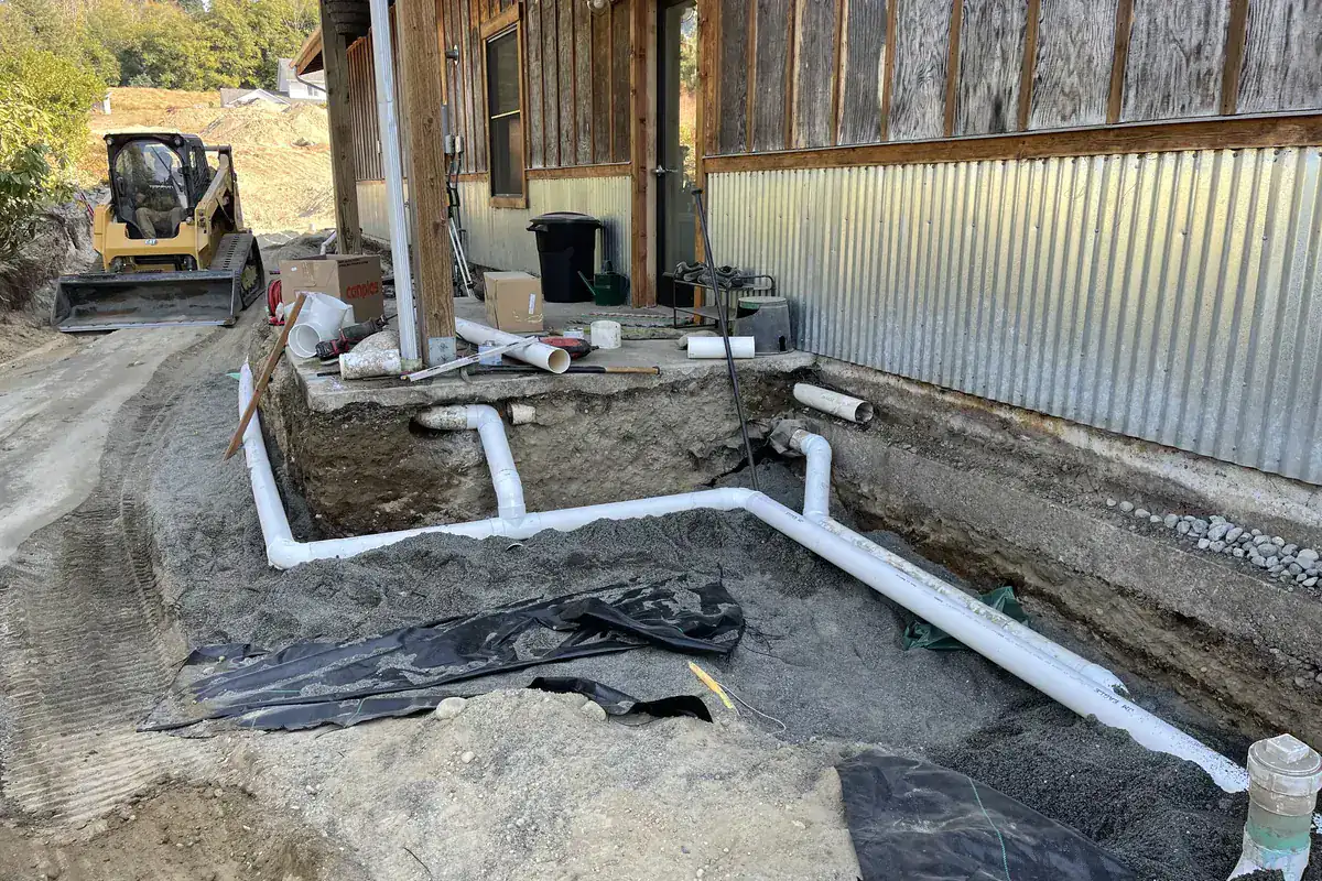 Utility lines installed and bedded at a foundation